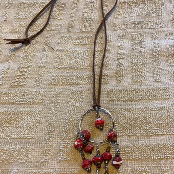 Handmade Leather and Painted Wood Long Length Necklace Made in Haiti 22” length - Picture 1 of 4